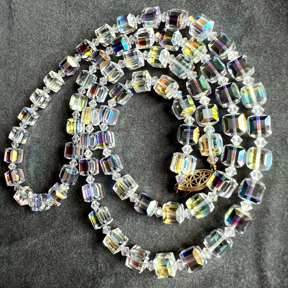 Dazzling Aurora Borealis Square Crystal Necklace w/ Drop Earrings. Y2K.